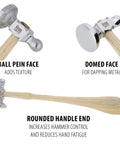 Two-Sided Chasing Hammer With Wooden Handle And Steel Head, 14mm Ball Pein And 28mm Domed Face For Texture, Embossing, And Smoothing Metalwork