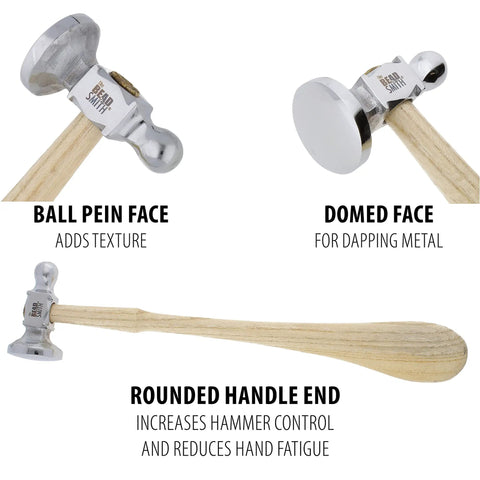 Two-Sided Chasing Hammer With Wooden Handle And Steel Head, 14mm Ball Pein And 28mm Domed Face For Texture, Embossing, And Smoothing Metalwork