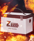 Heavy Duty LiPo Battery Safe Bag for Storage and Charging with fireproof design in fiery background, showing heat resistance.