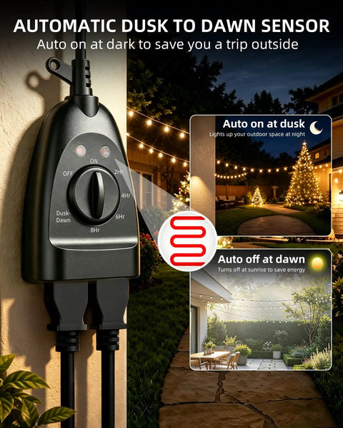 Slick Weatherproof Outdoor Light Timer With Dusk To Dawn Automatic Control, showing dual plugs and timer settings for easy outdoor lighting.