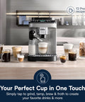 Certified Renewed Fully Automatic Espresso Machine With Built In Grinder And No Fuss Milk Frother Programmable One Touch Coffee Maker on wooden counter with various coffee drinks.