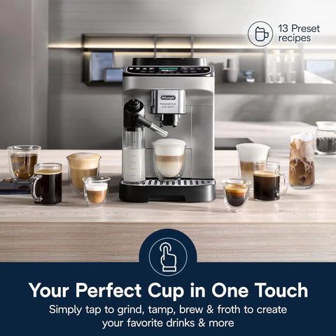 Certified Renewed Fully Automatic Espresso Machine With Built In Grinder And No Fuss Milk Frother Programmable One Touch Coffee Maker on wooden counter with various coffee drinks.