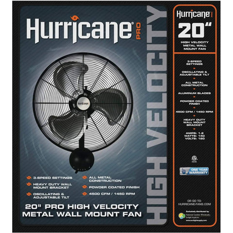 High Velocity Oscillating Metal Wall Mount Fan With 3 Speeds 20 Inch Black Corded Electric Air Cooler Delivers 4500 CFM And 1450 RPM