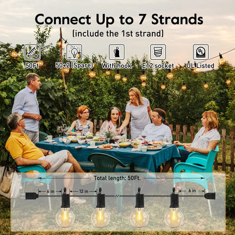 Outdoor String Lights Hanging Globe Patio Lights With 50 G40 Shatterproof Bulbs And Two Spare No Fuss Plug And Play Waterproof Connectable Commercial Grade 50 Light Strand For Indoor And Outdoor Decor illuminating outdoor dining scene.