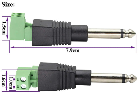 Pro Audio Gear 6.35mm TS Mono Male To 2 Pin Female Screw Terminal Block Connector Pluggable Wire Solderless Adapter