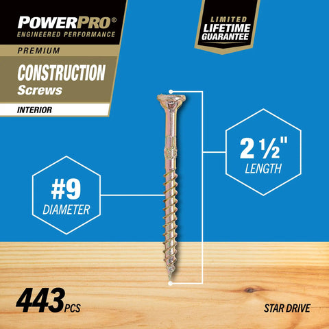 Rock Solid Star Drive Wood Screws Gauge Nine By Two Point Five Inch 443 Count Gold Zinc interior fasteners on wood.