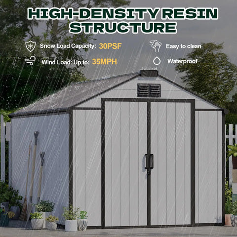 8 X 10 Ft Resin Outdoor Storage Shed With Floor, Windows And Lockable Door under rain, showing reinforced steel frame