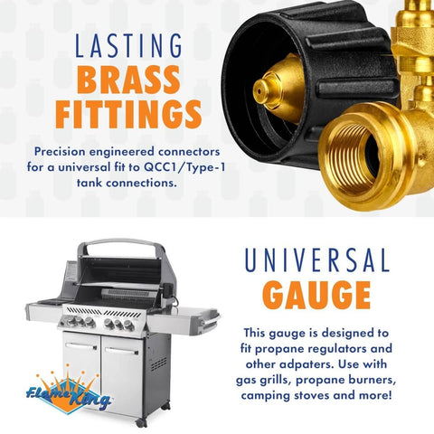 Propane Tank Gauge Level Indicator And Gas Pressure Meter With Color Coded Glow In The Dark Universal For All Cylinders Solid Brass 2 Pack Perfect For Grillin Camping And Outdoor Cooking Never Run Out Propane displaying brass fittings and grill use.