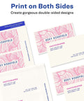 Avery printable business cards, 2 × 3.5 in, white with pink botanical pattern; front and back layouts.
