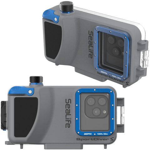 Compact Underwater Smartphone Housing For Diving Up To 100 Feet With Leak Alarms And Easy Camera Controls Waterproof Case For IPhone And Most Android Phones The Go To Ocean Photography Rig in gray and blue design.