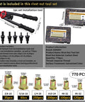 Pressure Rivet Nut Tool Kit, 770-Piece Imperial Rivet Nut Set, installation tool and storage case, carbon steel.