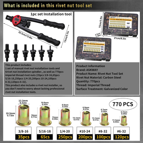 Pressure Rivet Nut Tool Kit, 770-Piece Imperial Rivet Nut Set, installation tool and storage case, carbon steel.