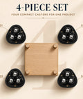 DaddyBee Heavy Duty Self Adhesive Casters 8 Pack Stick-On Swivel Wheels in a 4-piece set with compact black casters on wooden base.