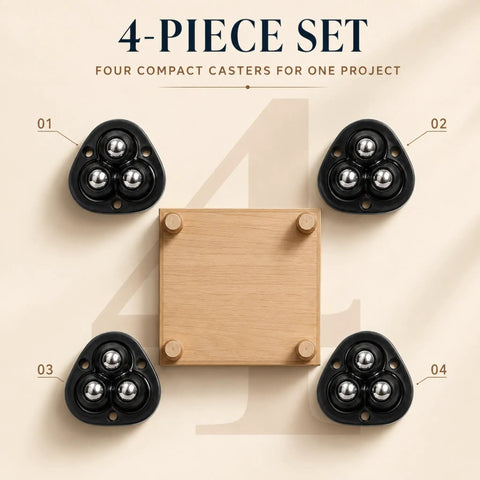 DaddyBee Heavy Duty Self Adhesive Casters 8 Pack Stick-On Swivel Wheels in a 4-piece set with compact black casters on wooden base.