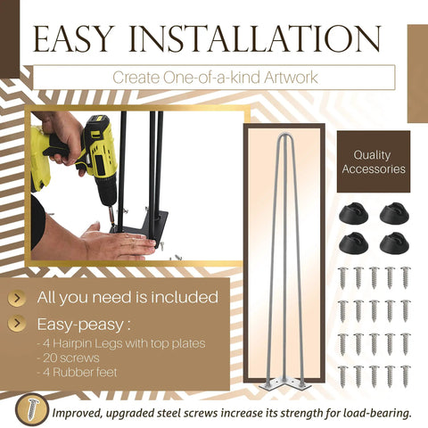 Heavy Duty Hairpin Furniture Leg Set installation, 34 Inch Industrial Metal Table Legs, tools and accessories shown