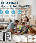 Family playing with dog in living room, featuring a 2 HEPA filter plus 4 foam and felt filter kit for Shark vacuums.