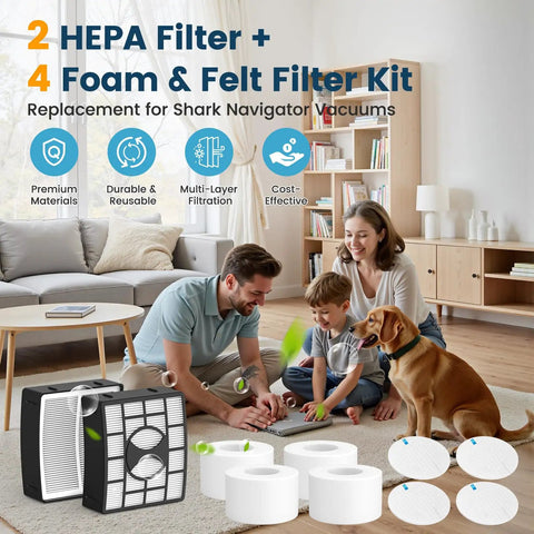 Family playing with dog in living room, featuring a 2 HEPA filter plus 4 foam and felt filter kit for Shark vacuums.