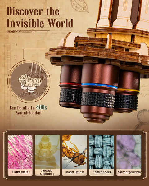 One To One Scale Wooden Puzzle Microscope Kit With 40X To 400X Magnification, Buildable 3D Replica For Adults And Teens, Educational STEM Gift, Great Desk Decor And Learning Display, wooden microscope close-up