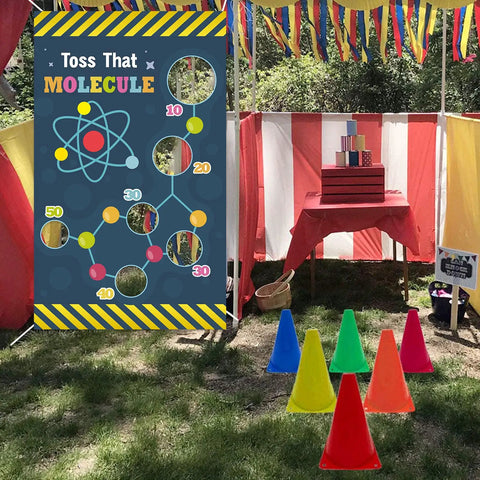 Science Toss Banner Backdrop for Chemistry Party Decor with molecule theme, 47.2x35.4 inches for school lab classroom decorations.