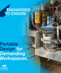 Installed view of Macnaught P3TR 50:1 air-operated grease pump with booster gun and hose on a 5-gallon container.