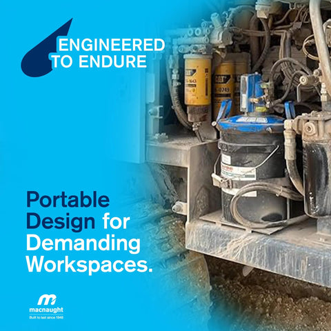 Installed view of Macnaught P3TR 50:1 air-operated grease pump with booster gun and hose on a 5-gallon container.