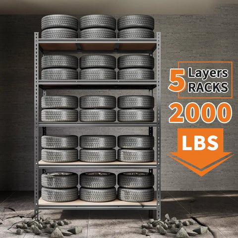 Heavy Duty Five Tier Metal Storage Shelving Unit For Garage Tough As Nails Carbon Steel Rack Holds The Weight Easy Rust Resistant Powder Coated Industrial Shelf with tires organized on 5 layers.