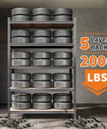 4 Pack Heavy Duty Adjustable 5 Tier Metal Storage Shelves for tires, showcasing 2000 Lbs capacity with steel frame and wood shelves.