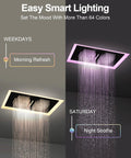 27 Point 5 Inch Ceiling Mount Shower System With Thermostatic Control And 64 Color Led Lighting featuring waterfall jet spray.