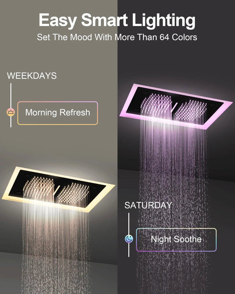 27 Point 5 Inch Ceiling Mount Shower System With Thermostatic Control And 64 Color Led Lighting featuring waterfall jet spray.