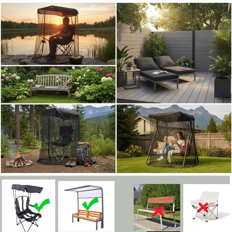 Collage showing Mosquito Net For Canopy Chair And Patio Swing With Zipper Door Extra Large No-See-Um Breathable Mesh Bug Tent in various outdoor settings.