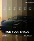 Premium Nano Ceramic Car Window Tint Roll 35 Percent Vlt 36 By 10 Feet 2 Ply Ultra High Heat And Glare Reduction Privacy Film showing tint shades from lightest to darkest.
