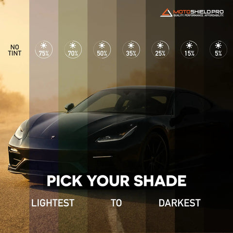 Premium Nano Ceramic Car Window Tint Roll 35 Percent Vlt 36 By 10 Feet 2 Ply Ultra High Heat And Glare Reduction Privacy Film showing tint shades from lightest to darkest.