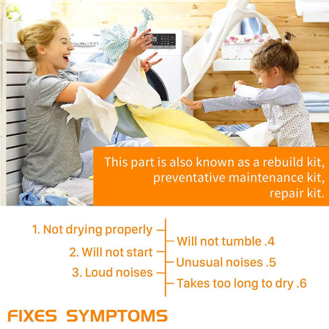 Family using All In One Dryer Repair Kit 4392067 With Drum Roller WPW10314173 Belt 661570V And Idler Pulley with symptom list