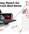 Truck bed reaching tool with red handle, shown extending to retrieve items, demonstrating easy access for truck bed items.