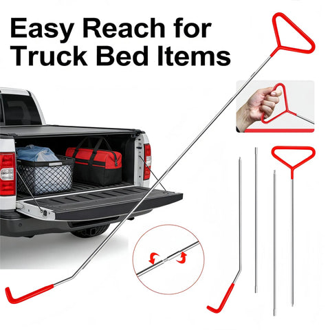 Truck bed reaching tool with red handle, shown extending to retrieve items, demonstrating easy access for truck bed items.