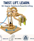 Hydraulic Robotic Arm Kit For Kids Ages 8 To 12, Wooden Building STEM Toy, hands-on DIY, wooden arm lifting a small object