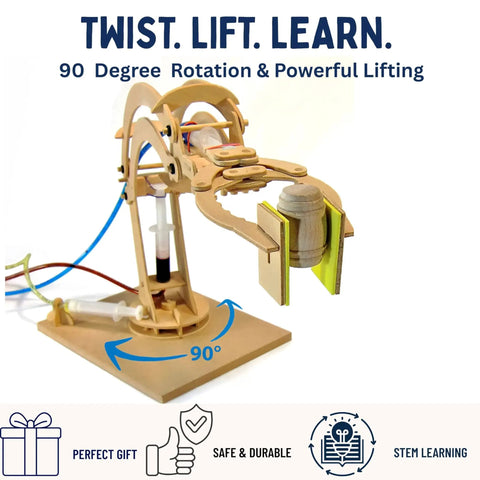 Hydraulic Robotic Arm Kit For Kids Ages 8 To 12, Wooden Building STEM Toy, hands-on DIY, wooden arm lifting a small object