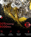 Detailed view of engine components with text highlighting 100% testing for 18000 minutes and fuel injector features