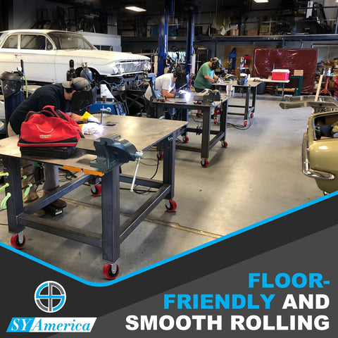 Workshop with tables equipped with five inch by two inch polyurethane caster wheels set of four heavy duty polyolefin core industrial caster wheels