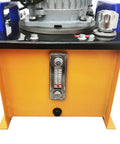Close-up of the heavy duty 70 ton electric hydraulic track pin press control panel and gauge, showing yellow metal construction.