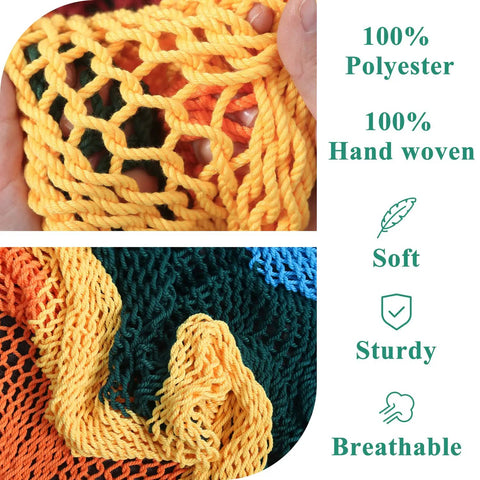 Close-up of soft, handwoven 100% polyester fabric of Upgraded Caribbean Hammock Chair with Detachable Steel Bar Large XL Rope Hanging Swing Chair for Outdoor and Indoor Use.