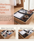 Super Sturdy Foldable Drawer Clothing Organizer Set Eight Piece Gray Fabric Wardrobe Dividers in neatly arranged drawer.