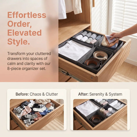 Super Sturdy Foldable Drawer Clothing Organizer Set Eight Piece Gray Fabric Wardrobe Dividers in neatly arranged drawer.