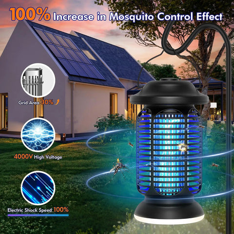 Indoor Outdoor Bug Zapper With 18W Blue Violet UV Light And 2W LED Lamp Delivers 100 Percent More Mosquito Control Covers Half To One Acre Ideal For Patio Backyard And Home Pest Defense displayed in a backyard setting with high-voltage grid effect.