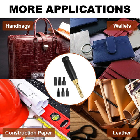 Slick Adjustable Leather Hole Punch Tool Kit With Six Sweet Interchangeable Bits For Knockout Precision In DIY Crafting Sewing And Leatherwork Projects Black, practical for handbags, wallets, construction paper, and leather.