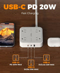 Sleek Flat Surge Protector Power Strip Featuring Ace Usb C Fast Charging Ports And Four Heavy Duty Outlets for charging devices with mobile phone.