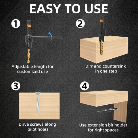 Front-view infographic of YQANDL 12‑pc HSS adjustable countersunk drill bit set with magnetic extension and storage box