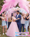 Next Level Gender Reveal Fire Extinguisher Smoker Bomb Two Pack Biodegradable Baby Shower Party Decorations in pink smoke at celebration.