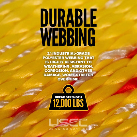Close-up of durable 2-inch polyester webbing for Side Mount Wheel Nets With Ratchets And Flat Hooks, 12,000 lbs break strength.