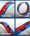 Flexible Fifteen Foot Race Car Track Set For Kids with double-sided racetrack showing jumps, loops, and competition setups.
